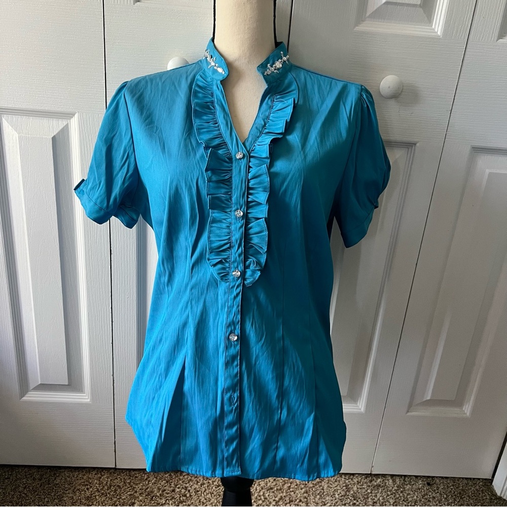 Antilia Femme Teal Ruffled Blouse with Rhinestone Detail Size Large